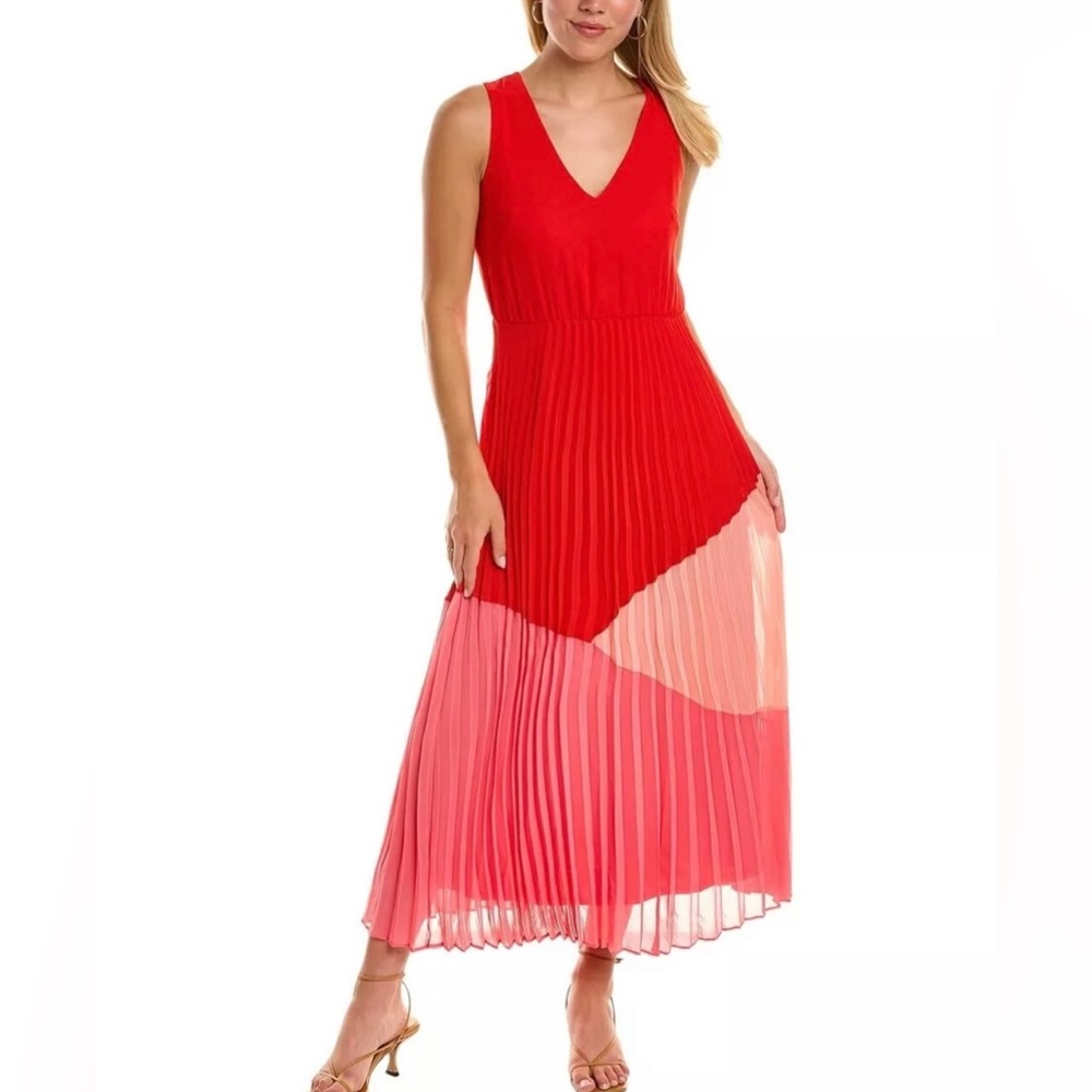 Taylor Pleated Maxi Dress. Sleeveless w/V-Neck & Color Block Skirt. Pink/Red. XS